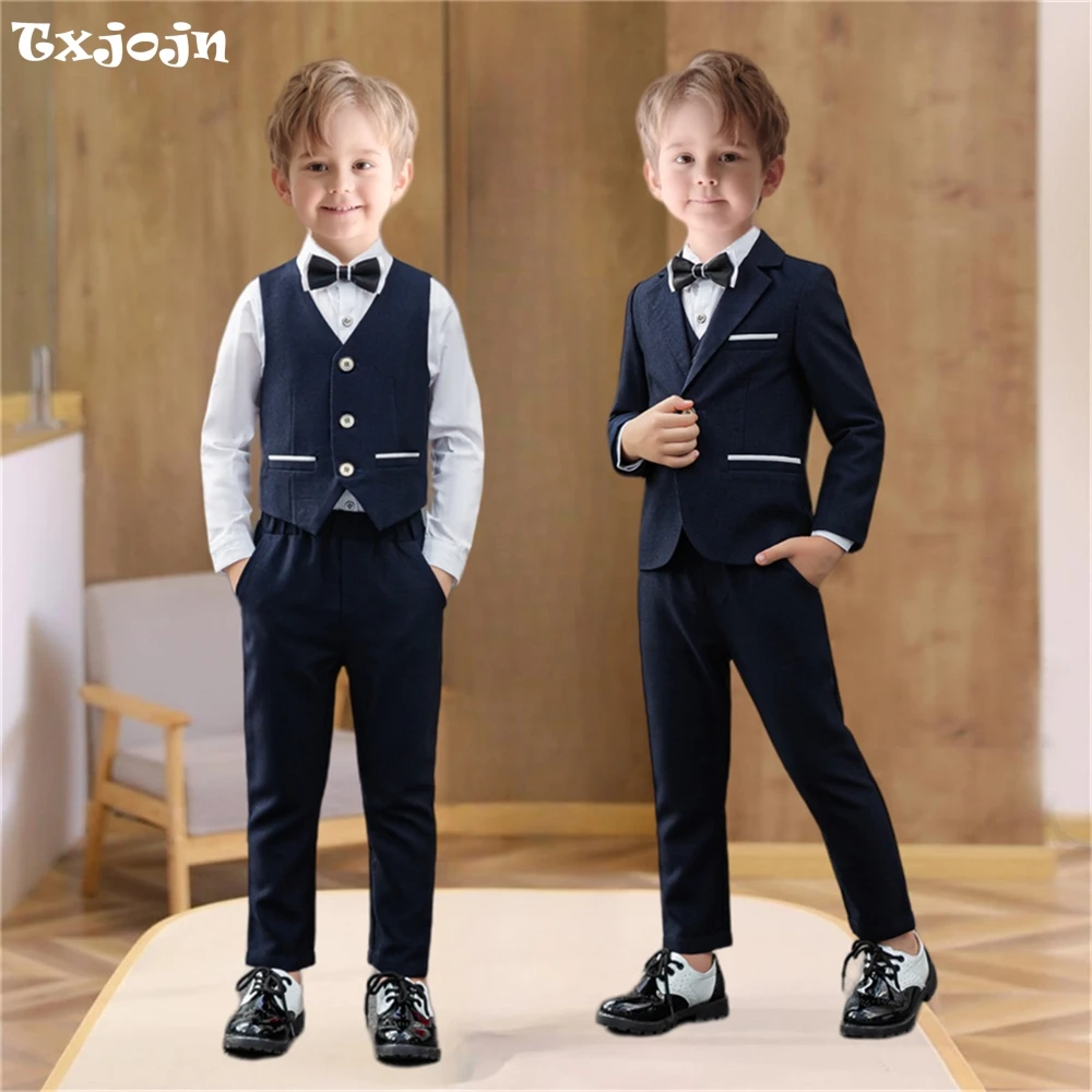 Hot Sale Classic Child Suit Set 4 Pieces Blazer Vest Pants Bow-tie Birthday Party Fashion Boys Lapel Suits For Activities