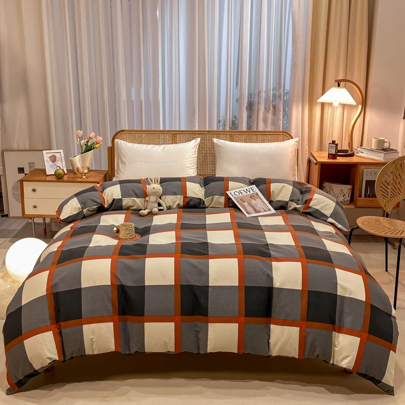 1Pc Geometric Plaid Duvet Cover Pure Cotton Quilt Cover with Zipper Skin-friendly Breathable Comforter Cover for Teens Aldults