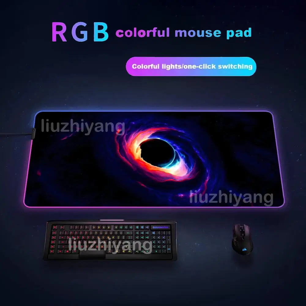 Alfombrilla de ratón con agujero negro, alfombrillas de ratón grandes RGB para juegos, luz LED, bordes bloqueados, accesorios de juego, alfombrillas de mesa, alfombrilla para teclado de PC XXL 90x40cm