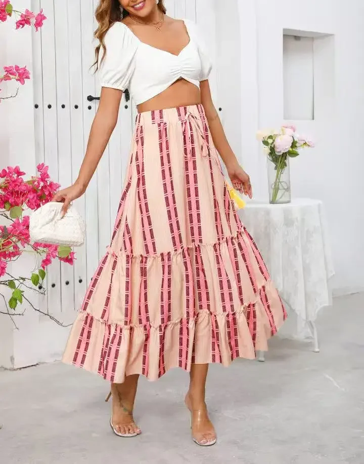 Nieuwe Vakantie Stijl Lange Rok Europa en Amerika Vrouwen Rok Zomer Print A-LIJN Kwastje Elastische Taille Rok Vrouwen Faldas Q225