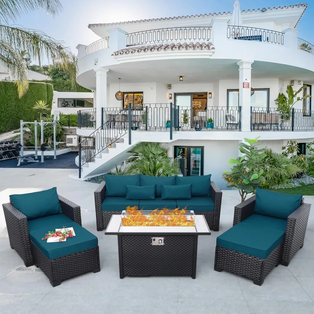 Outdoor Patio Furniture Set  60000 BTU Outdoor Propane Fire Pit Table 45 In,Anti-slip Cushions Waterproof Covers, Peacock Blue.