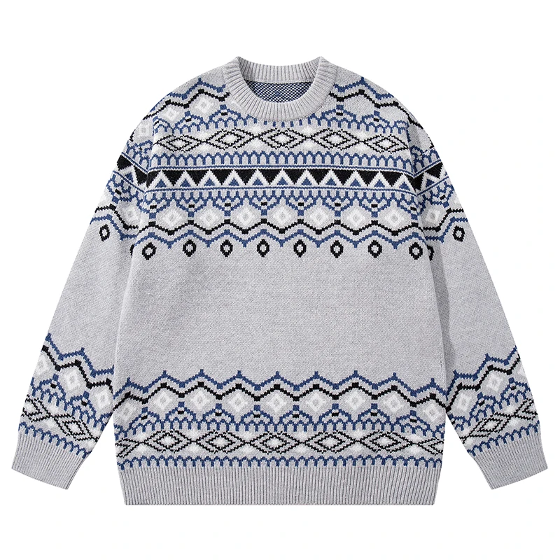 

Autumn Mens Knitted Jumper Sweaters Geometric Pattern Vintage Nordic Style Pullovers Streetwear Harajuku Casual Loose Knitwear