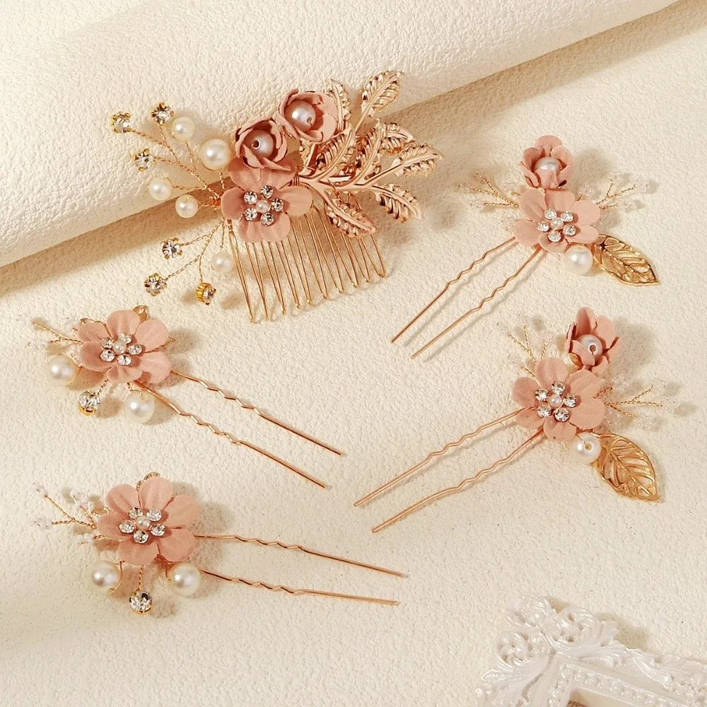 4pcs Tiaras Artificial Flower Bridal Hair Combs Pearl Comb Handmade Wedding Hair Decorative Sweet Headdress Bridal Wedding