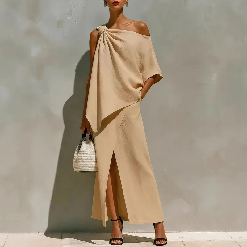 

Summer Irregular Two-Piece Set for Women One Shoulder Draped Knotted Top + High Waist Wrap Split Skirt Elegant Vacation Outfits