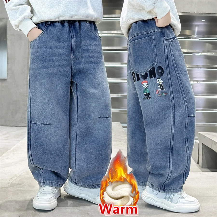

Kids Children Warm Winter Carpenter Jeans Pants for Teen Boy Fashion Insulated Cartoon Curved Denim Trousers with Fleece Lined