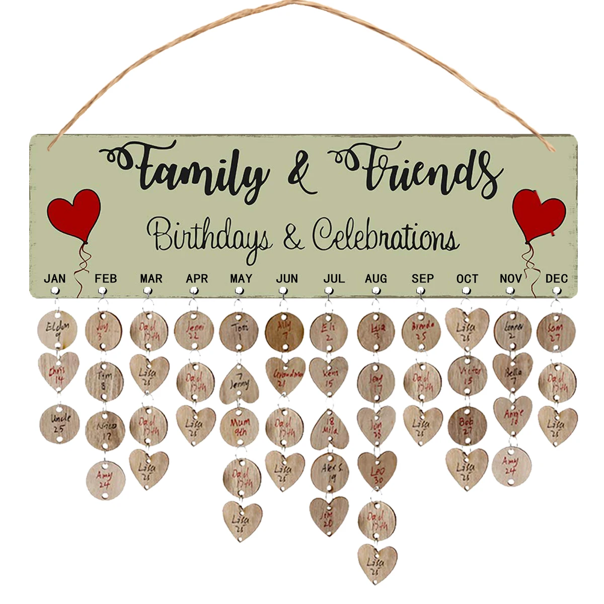 

Wooden Hanging Board 50 Round 50 Hearts Cards DIY String Birthday Gift Home Decor Wooden Plaque Family Celebration naments