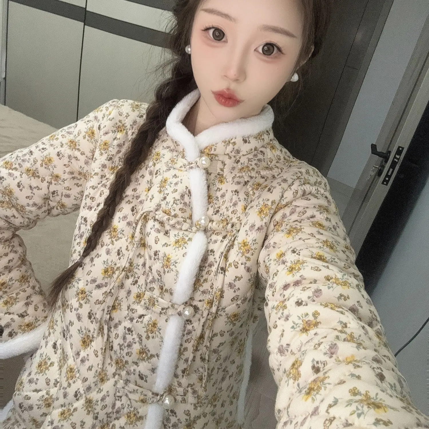 

Retro Floral Print Cotton Coat, Chinese National Style Winter Jacket | New Year Plush Lined College Fashion