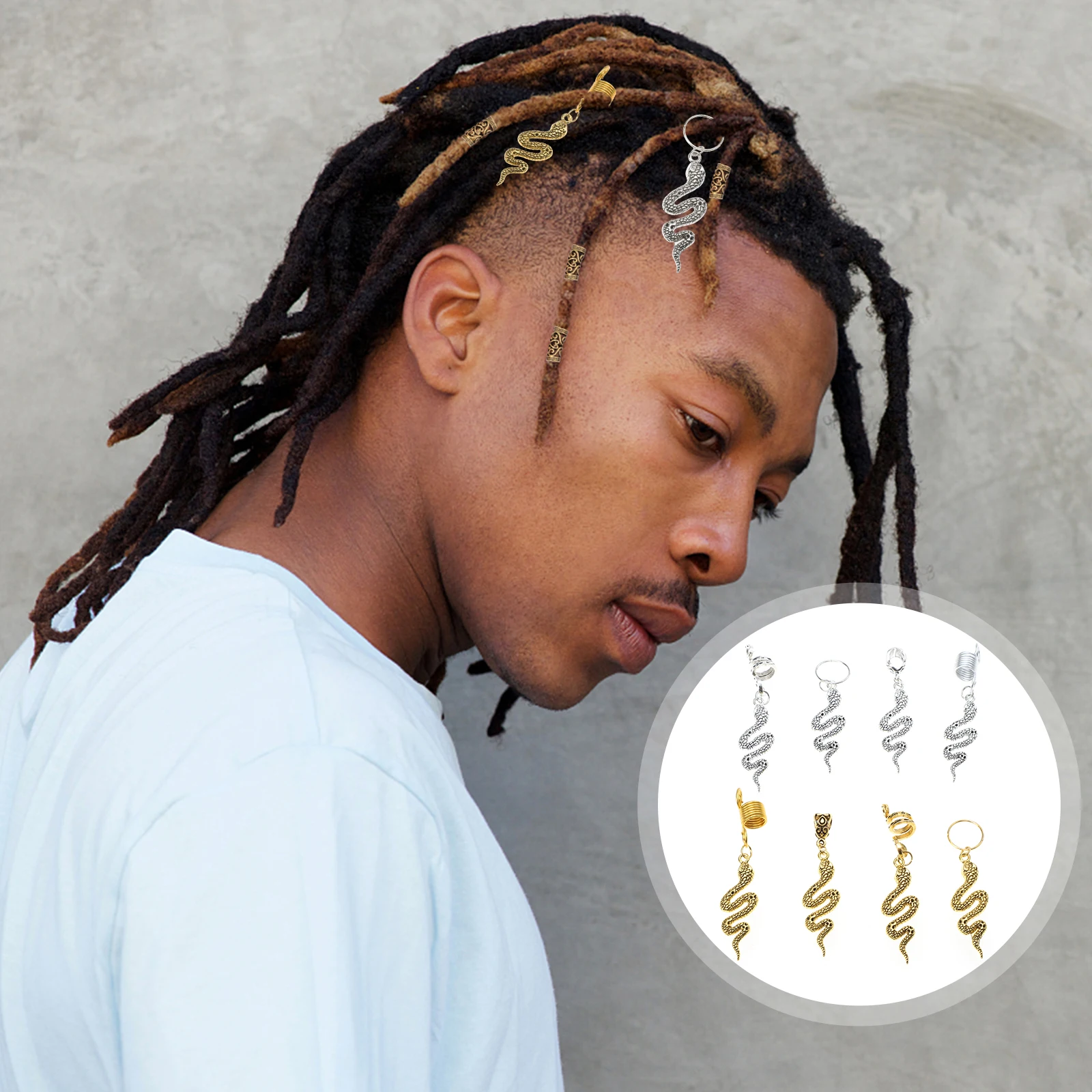 

8 Pcs Women Retro Serpentine Pendant Ring Dreadlock Jewelry Alloy Dreadlocks Cuffs