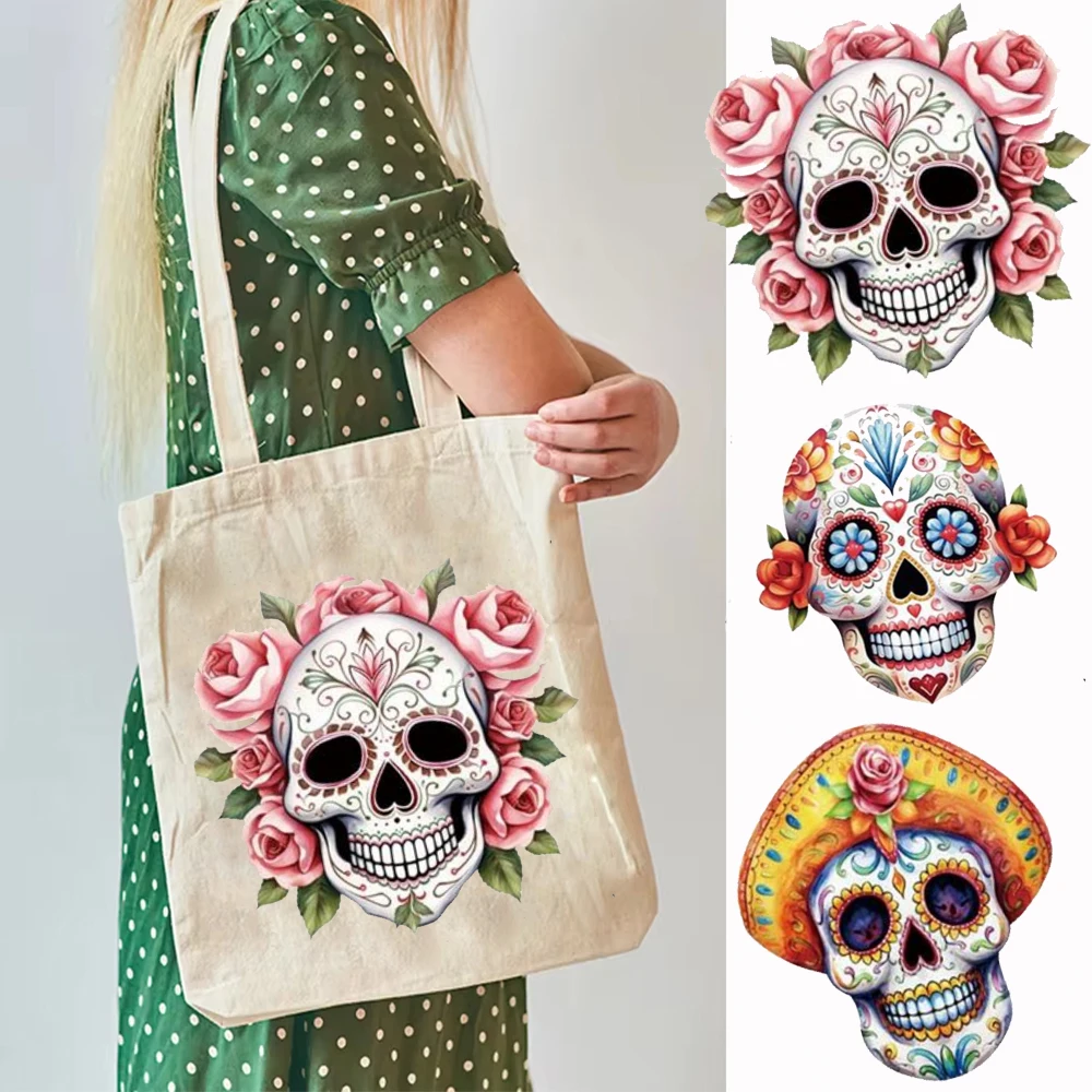 2024 Halloween Skull Sail Bag Canvas Tote Bag Large Women Casual Shoulder Bag Handbag Floral Skull Torba wielokrotnego użytku na zewnątrz