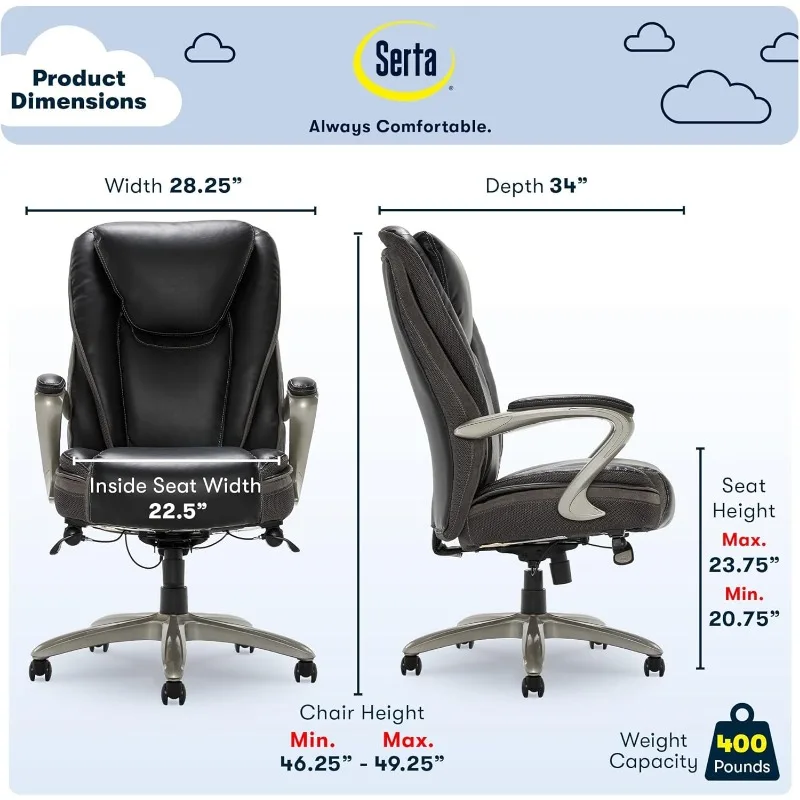 Serta® Smart Layers™ Hensley Big & Tall Ergonomic Bonded Leather High-Back Office Chair, Black/Silver