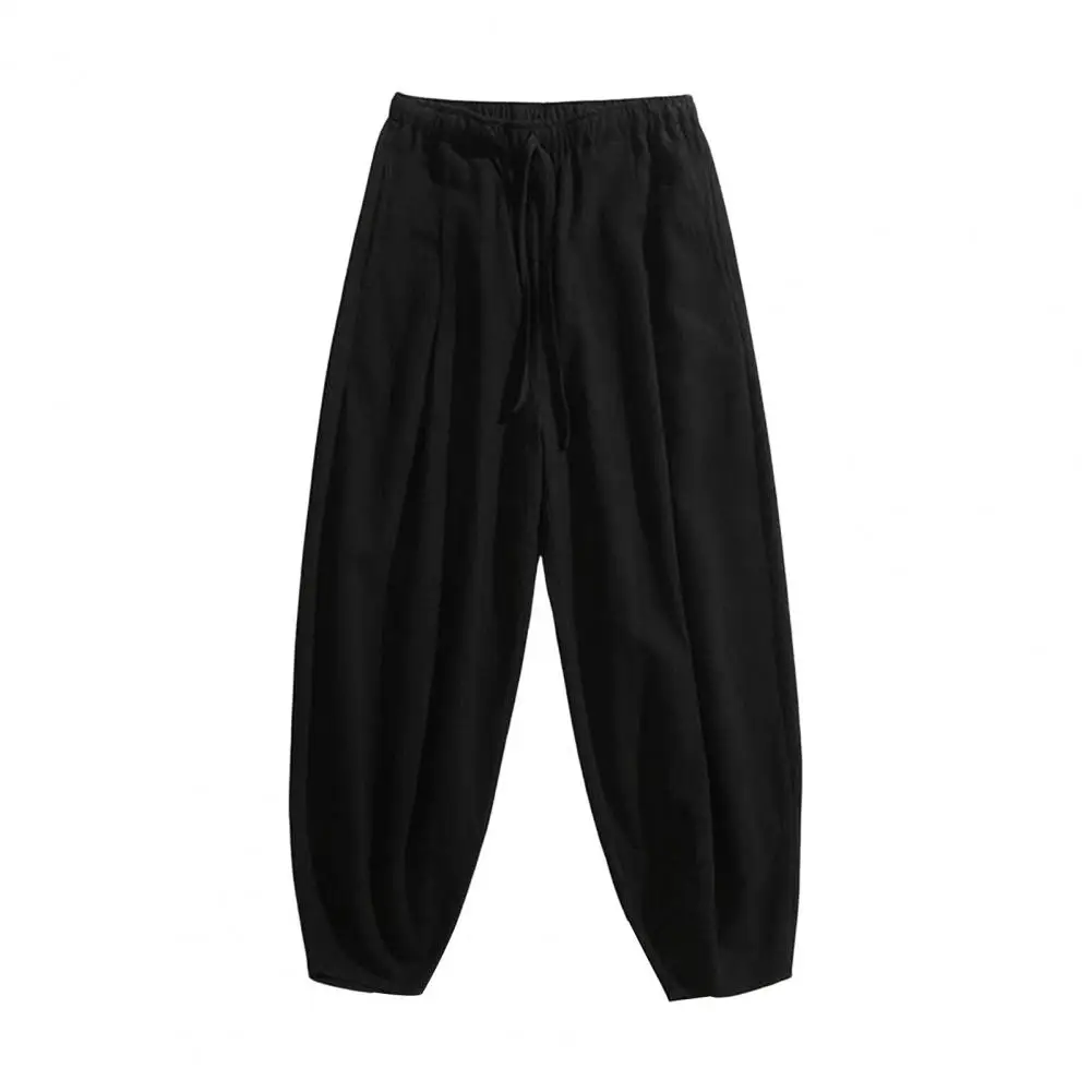 Straight Leg Trousers Men Lace-up Waist Trousers Men's Loose Straight Drawstring Ninth Pants with Elastic Waist for Daily