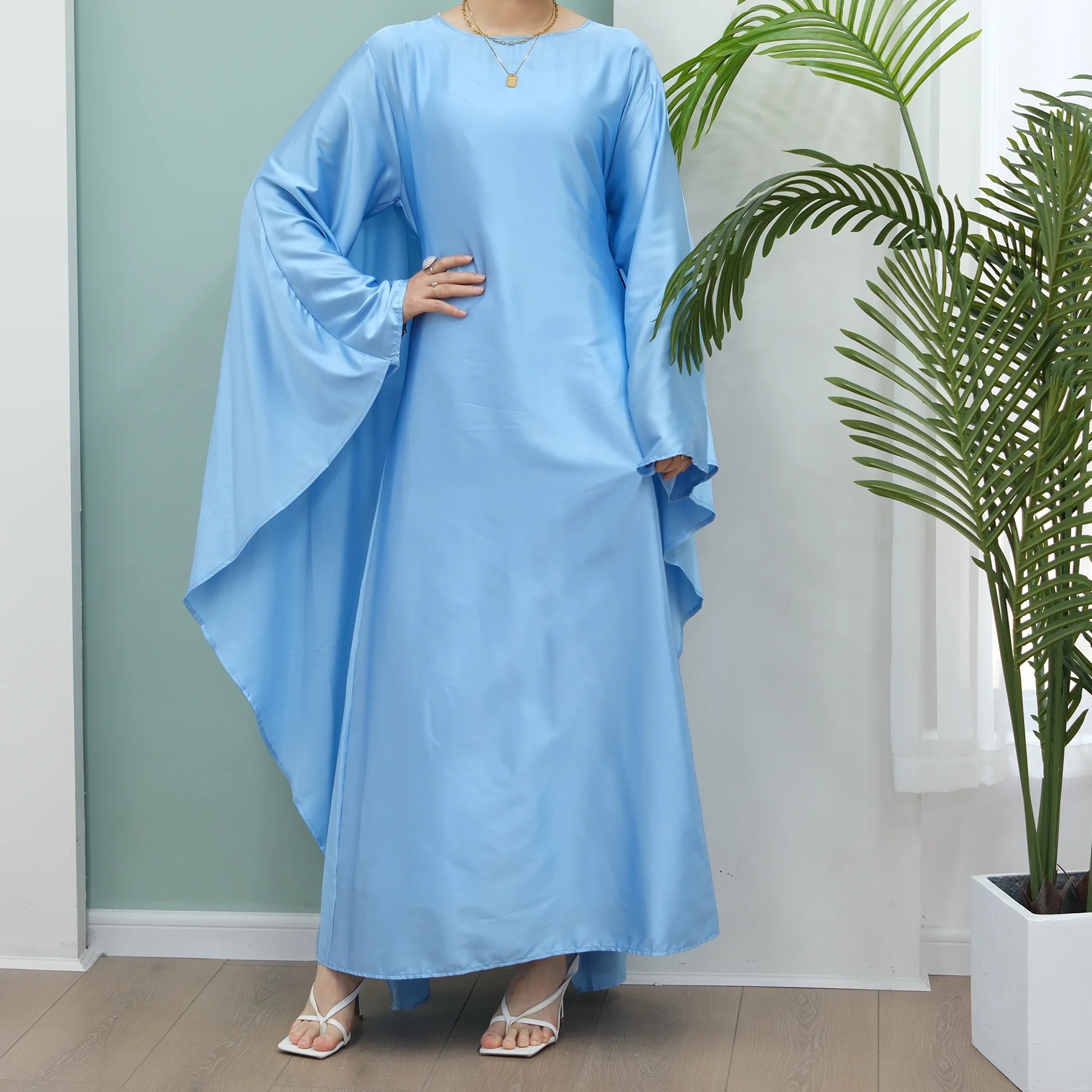 

Ramadan Satin Abaya Islam Muslim Summer Batwing Sleeve Maxi Dress Kebaya Abayas For Women Kaftan Robe Musulmane Femme Vestidos