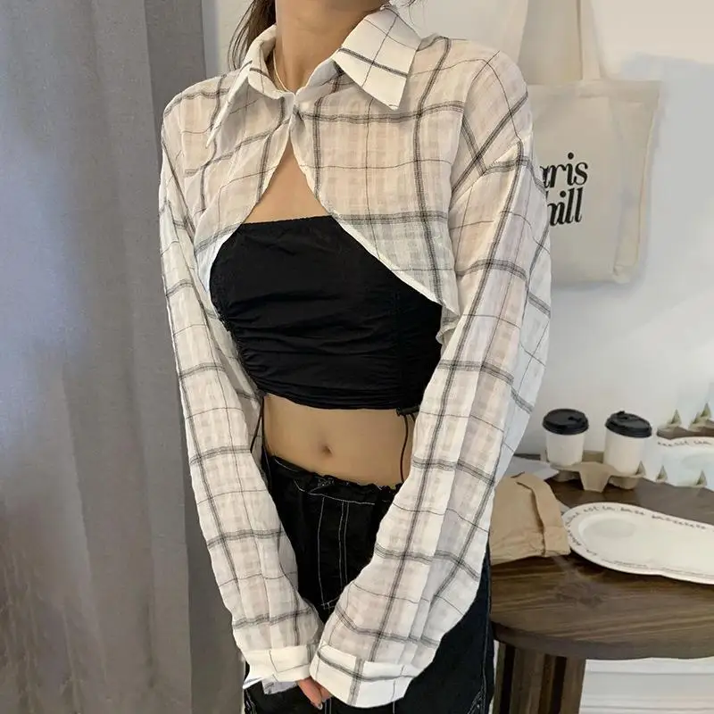 

Women Clothing 2022 Spring Autumn European and American Style Fashion New Women Sexy Short Plaid Blouse Loose Fit Women Tops