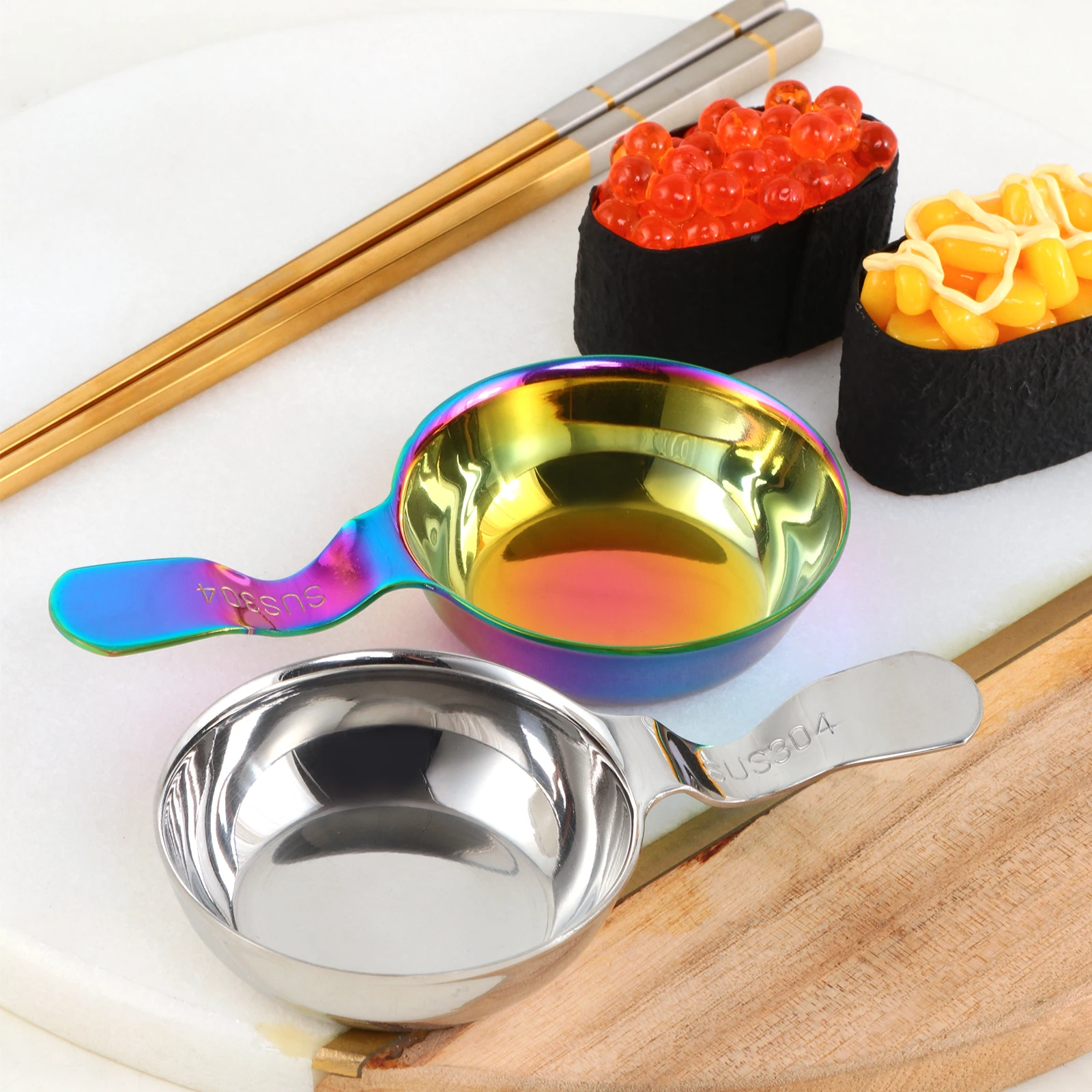 1Pc Edelstahl Kleine Gewürz Sauce Gericht Aufhängbare Stäbchen Tauch Schüssel Butter Sushi Platte Essig Soj Gerichte Küche