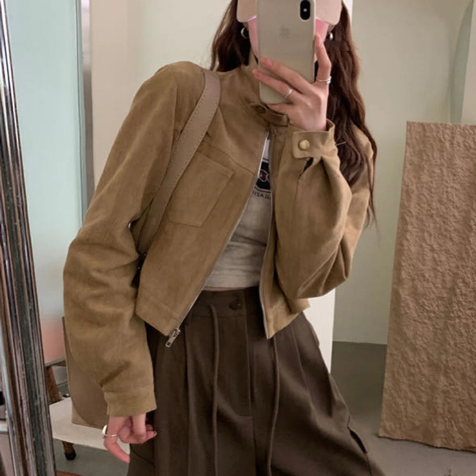 스웨이드 재킷 루즈핏 긴팔 레트로 디자인 감각 스웨이드 재질 스탠드 칼라 5가지 색상 스타일리시한 슬림핏 재킷 코트 외투 재킷