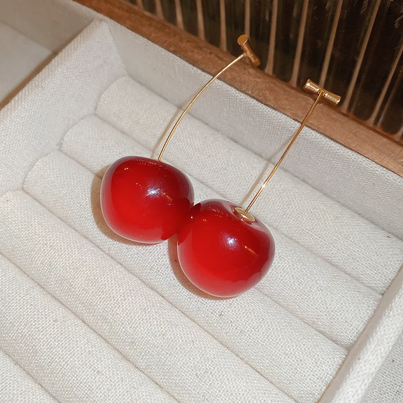 Sweet Red Resin Cherry Drop Earrings for Women Trendy 3D Fruits Dangle Earrings Daily Party Vacation Fashion Jewelry M1 image 2