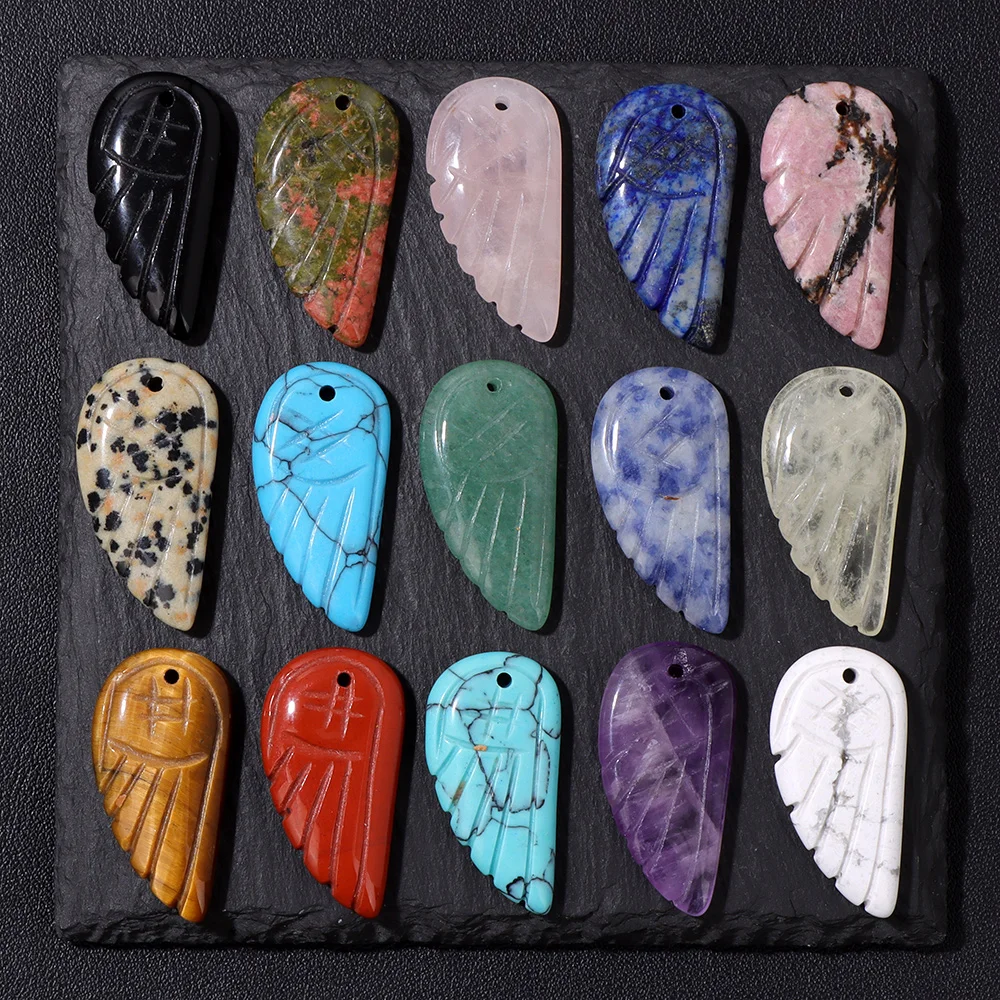 2Pcs Unique Natural Stone Wing Shape Pendant Tiger Eye Howlite Crystal Wing Charms For Jewelry Making Earring DIY Necklace 15x30