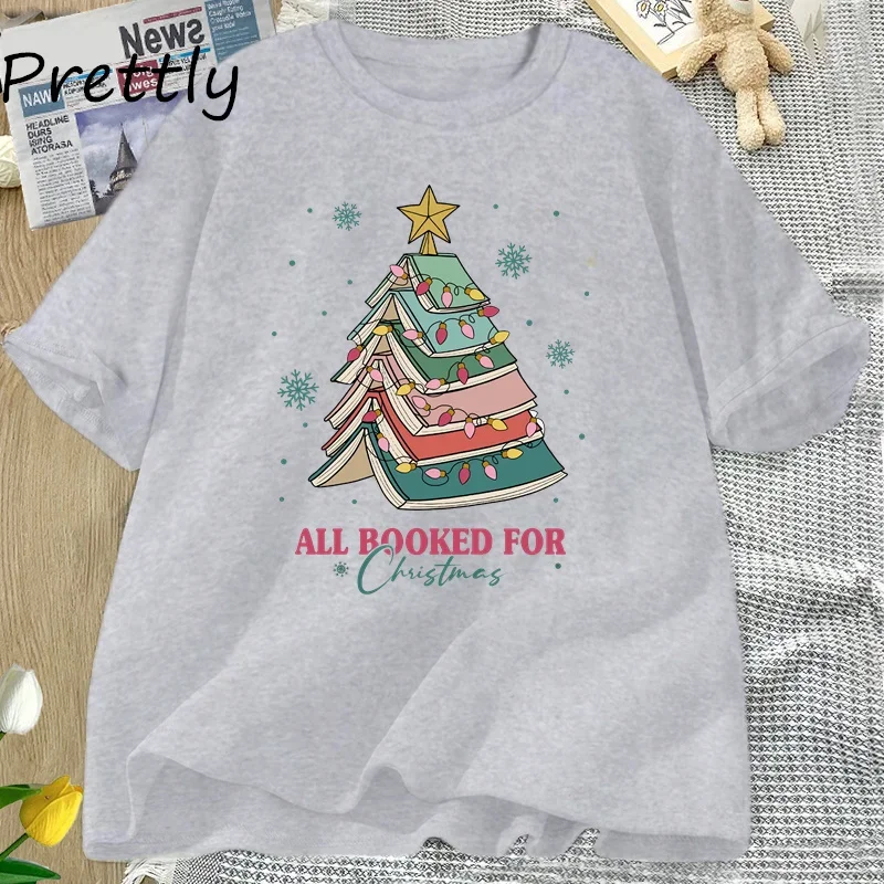 Book Tree Christmas T Shirt All Booked for Christmas T-shirt for Book Lover Librarian Teachers Tees Bookish Cotton Tshirt