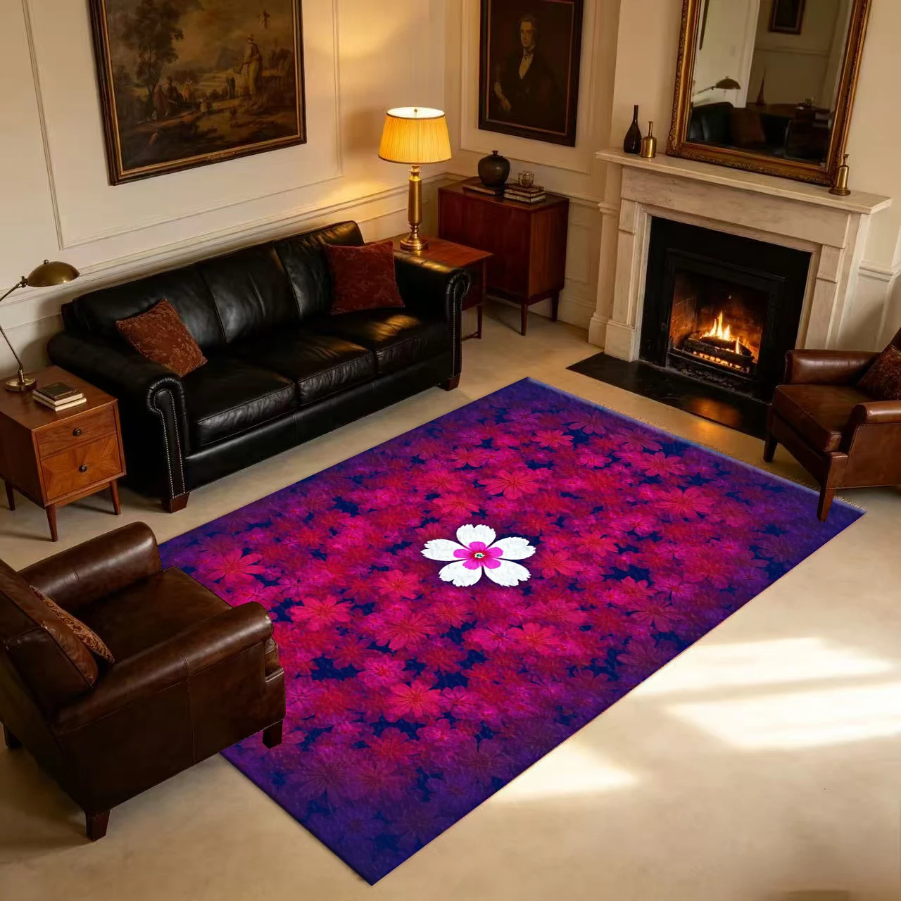 Bright Red and Pink Floral Pattern on a Dark Background, Monochrome White Embellished Floral Carpet, Non-Slip Floor Mat