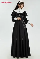 MICCOSTUMES Gothic Halloween Nun Style Dress Retro Black Long Dress with Shawl and Necklace Waist Belt Cosplay Costume