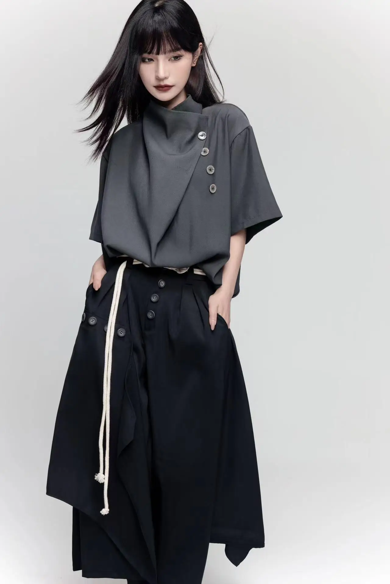 2025 New Retro Loose Short Sleeve Versatile Jk Shirt Summer Men Women Semi-turtleneck Irregular Fashion New Chinese Leisure Top