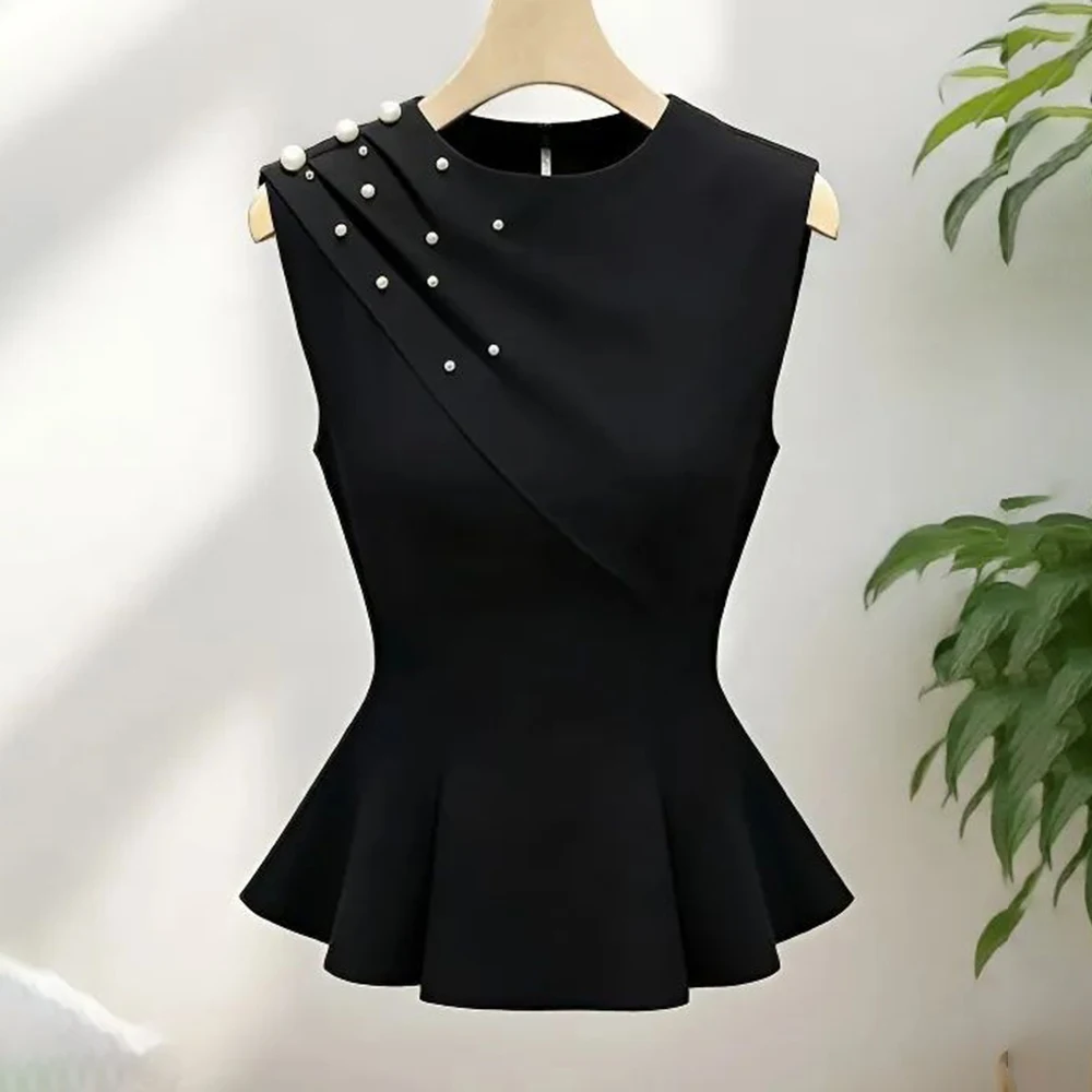 French petty bourgeoisie, beautiful top, light people, Kochi  advanced sense, black sleeveless beaded waist shirt