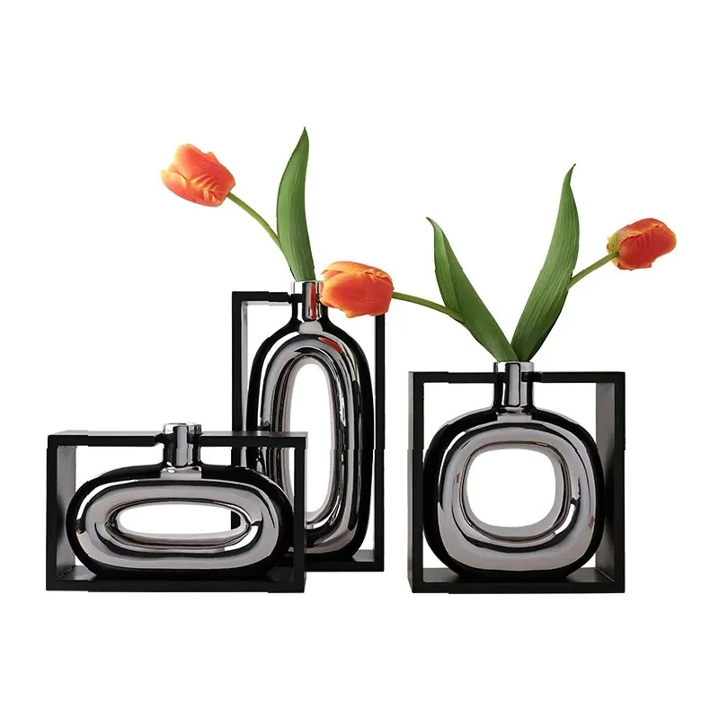 Silver Ceramic Vase Hollow Cutout Frame Hydroponic Flower Arrangement Flower Vase Terrarium Home Decoration Accessories