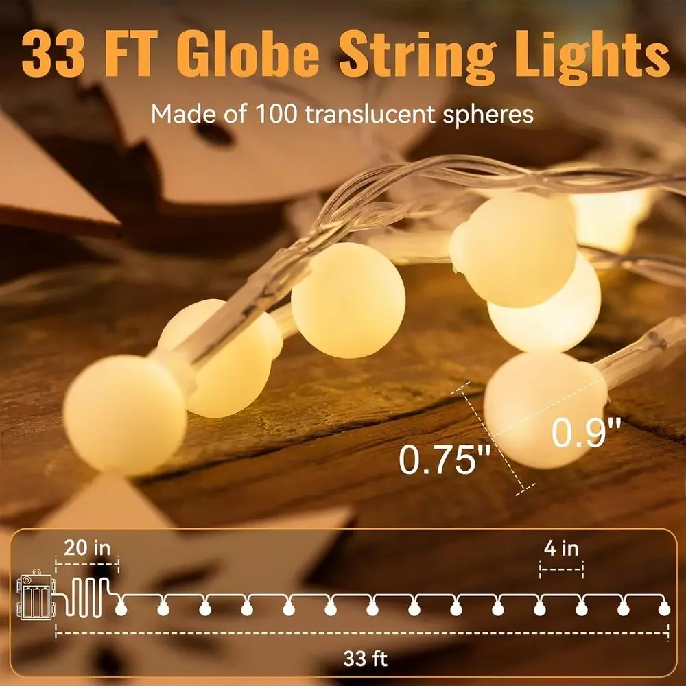 Battery Operated 33ft 100 LED Globe Lights with Remote, 8 Modes & Timer – Warm White String Lights for Bedroom, Christmas Tree,