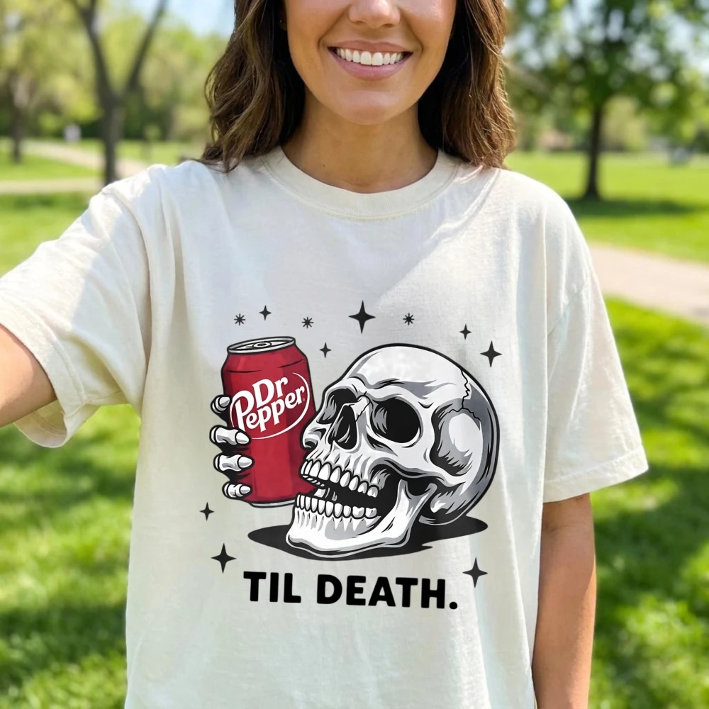 Til Death Dr Pepper Classic Tshirt Gothic Soda Culture Casual Tees Beverage Enthusiasts Cotton Unisex Tee Trendy Streetwear Top