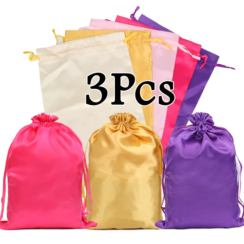 3Pcs Satin Wig Bags For Home Salon Use 10*13.8Inch Wig Storage Bags Black Pink Soft Silk Wig Bag For Hair Wig Packaging Tools