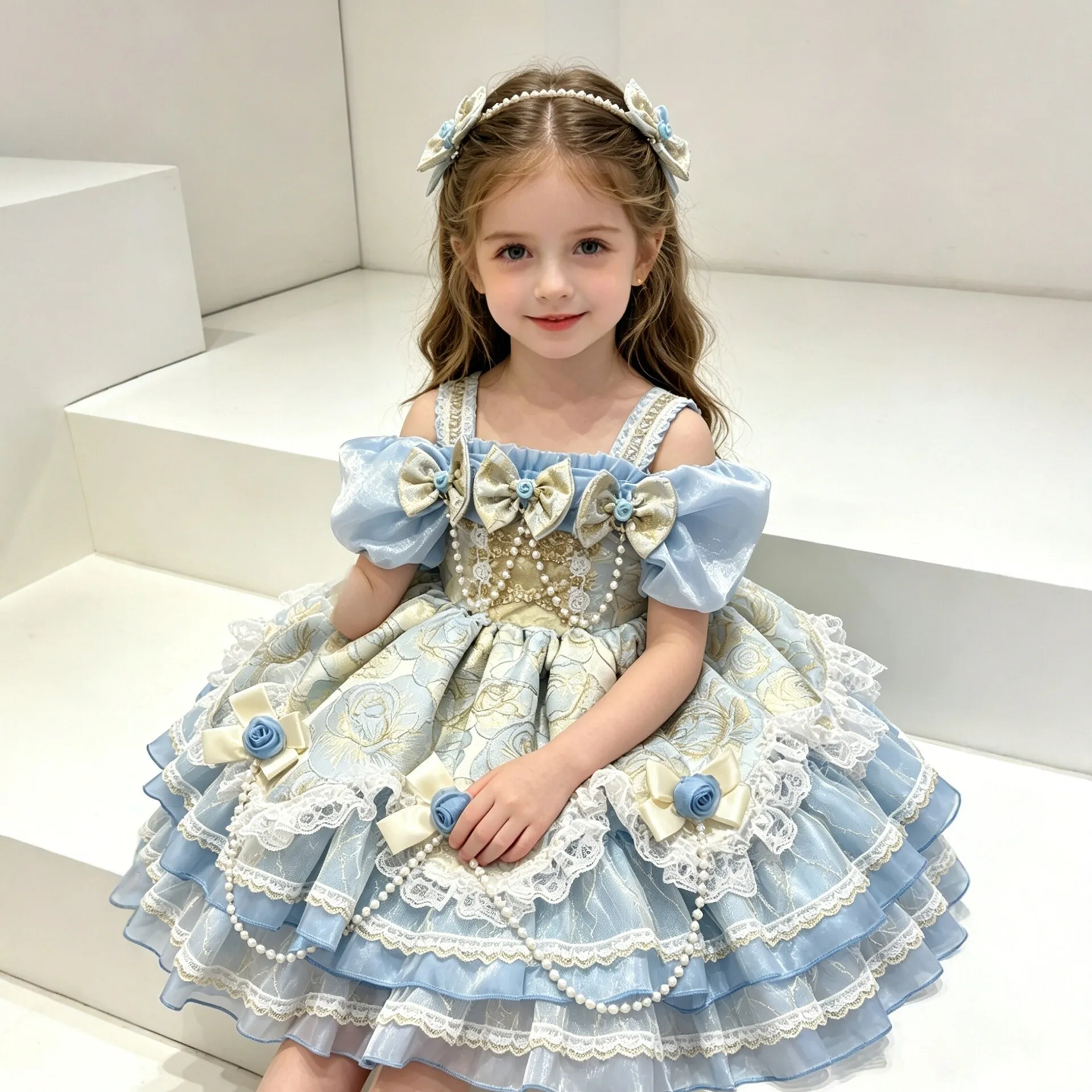 Blau-Gold Jacquard Mädchen Lolita Kleid Puffärmel Schleife Perlen Mehrschichtiger Spitzenrock Kinder Hochzeits-Prinzessinnen-Outfit Blumenmädchen-Kostüm – Detail 1