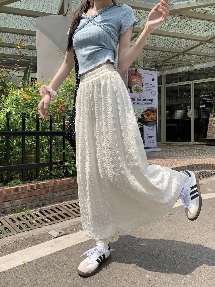 Long Skirt Temperament French Bustier Summer White Skirt Women Sweet Kawaii High Waist A Line Skirts Lady Solid Pleated Midi