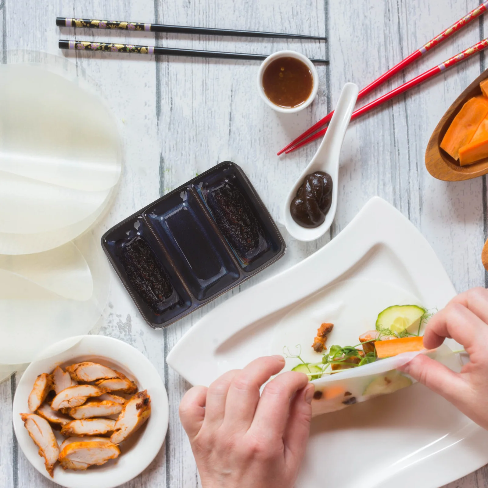 

Sushi Soy Dipping Bowl Black Sauce Dish Bowls with Section Dishes Divided Condiment