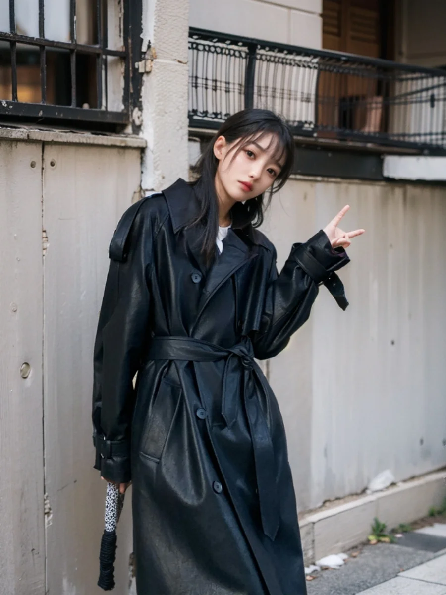 

Coats For Elegant Women Leather Trench Coat Anti-Ultraviolet Sun-Protective Full-Body Decorated Clashing Graceful Epaulet