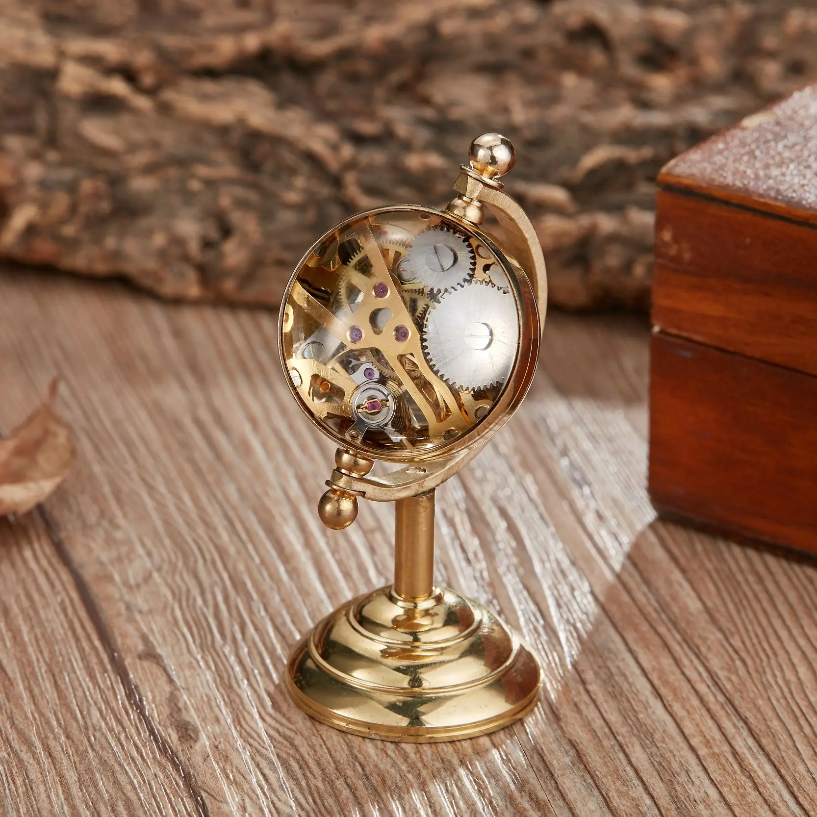 Transparent Glass Ball Copper Mechanical Hand Winding Desk Clock Globe/Trophy Shaped Desktop Ornament Vintage Gifts Male 2023