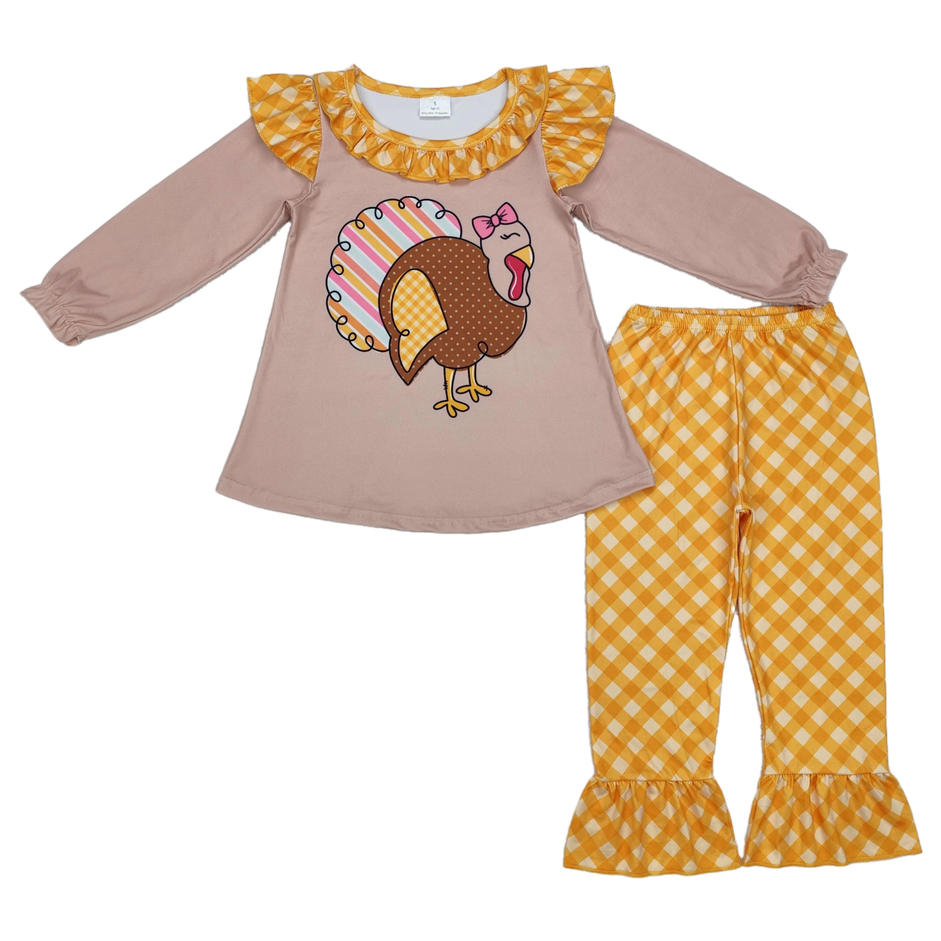 

Wholesale Baby Girl Fall Turkey Tops Yellow White Checked Pants Clothes Set Kids Long Sleeves Children Two Pieces Toddler Outfit