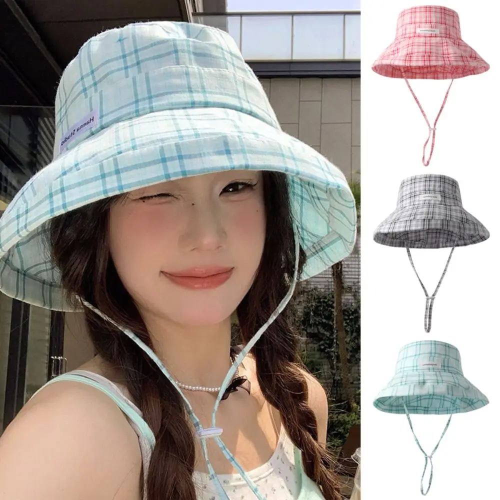 

Fashion Plaid Fisherman Hat Large Brim Sun Protection Sunscreen Hat Sweet Adjustable Sun Cap Summer