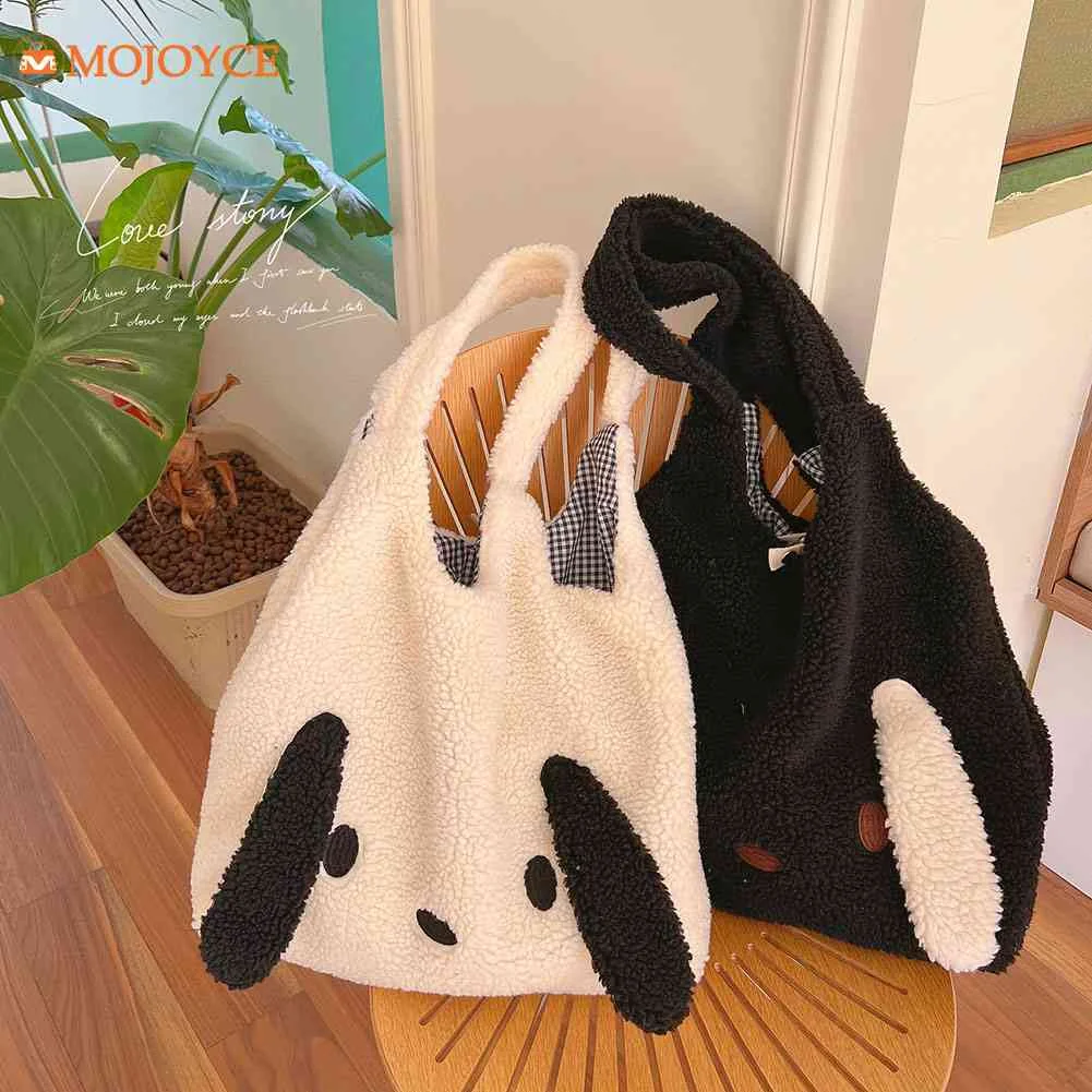 Funny Puppy Ears Lambwool Shoulder Bags Plush Fluffy Women's Large Capacity Shopping Bags Messenger Bag Female Cute Tote Bags