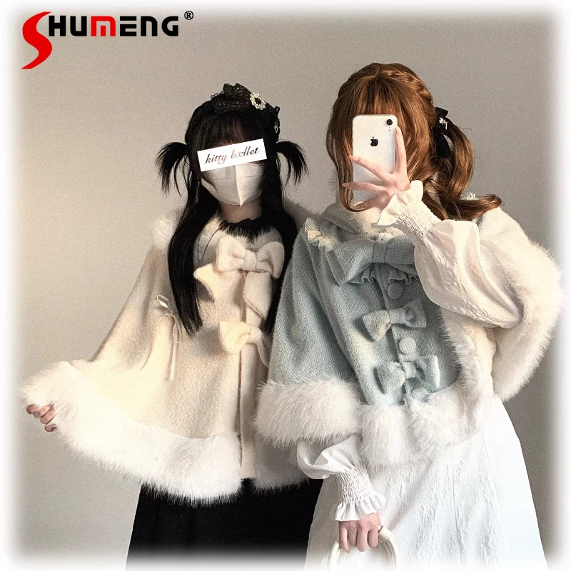 Mine Sweet Lolita Hooded Cloak for Women Winter Girl's Princess Cute Bow Plush Warm Capes Ladies Y2k Ponchos Short Jackets 2025