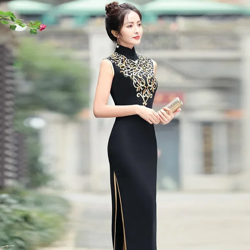 

Black Summer Long Cheongsam Sleeveless Orientale Traditional Qipao Women Evening Dresses Good Quality Slim Eleganti Chinese Robe