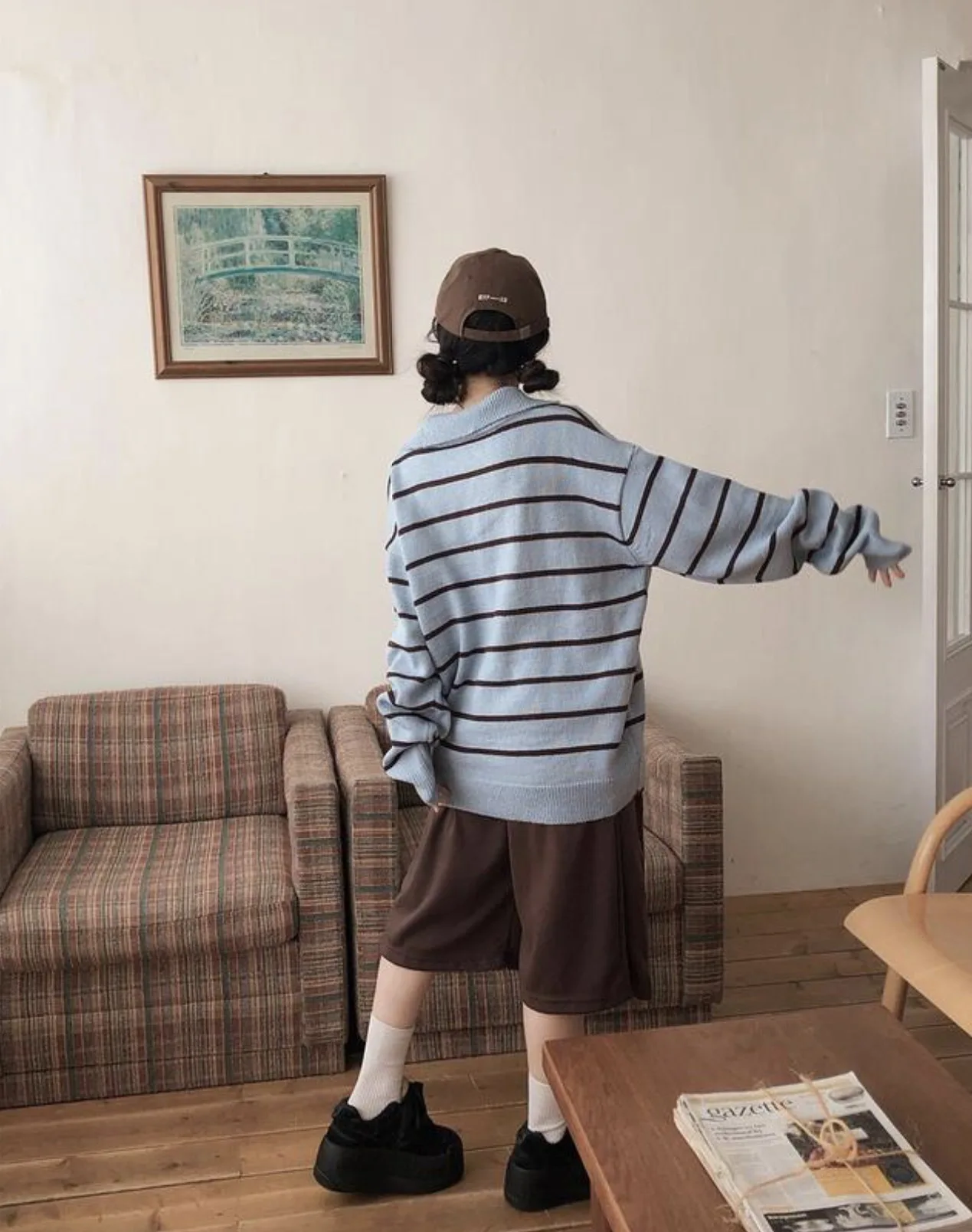 4 colores 2025 otoño estilo Preppy mujeres jerseys y suéteres jersey suelto rayas cuello vuelto suéter de punto (C2960)