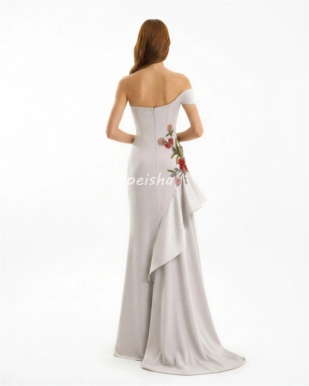 Customized Fashion Women Jersey Handmade Flower Rhinestone Straight Evening Dresses Formal Strapless Sleeveless Slit Party Gowns