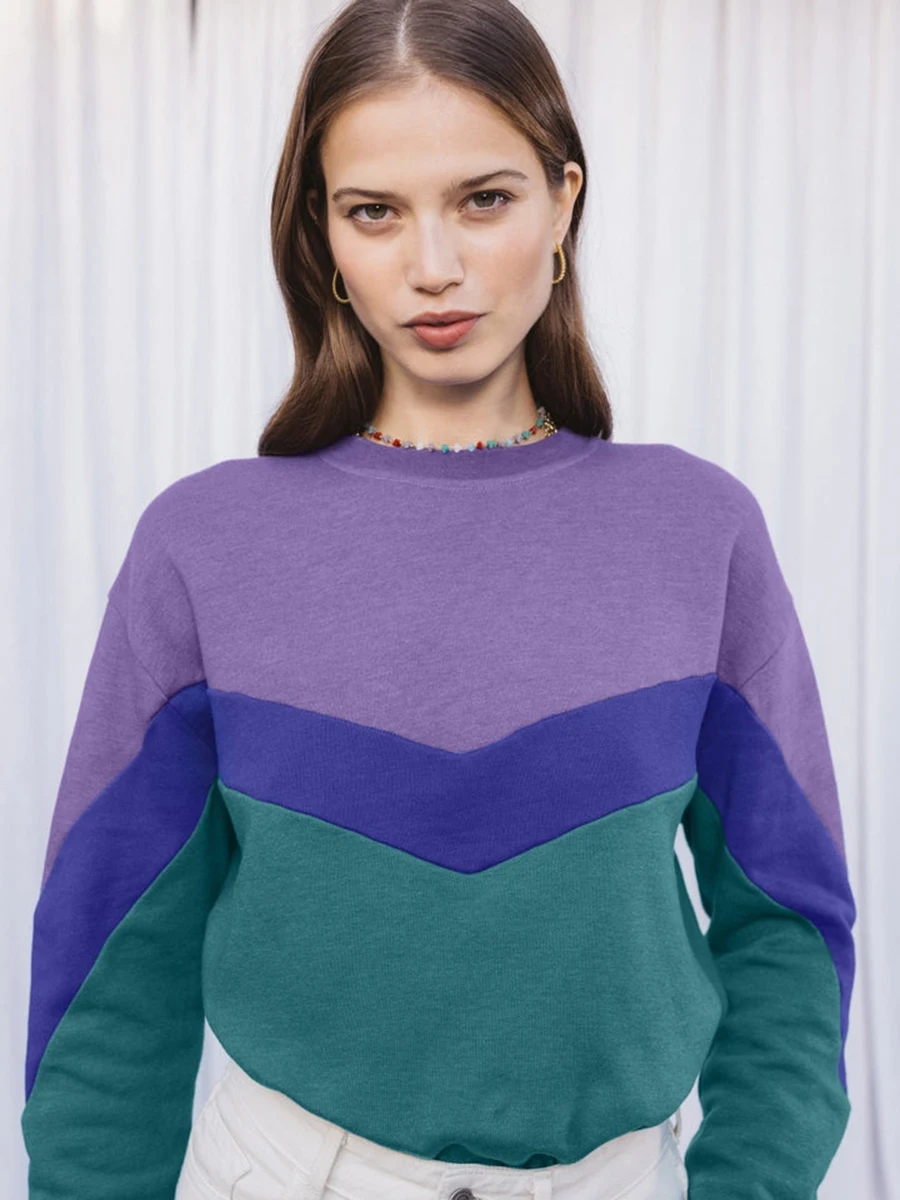 

Color Patchwork Sweatshirt Woman Spring Round Neck Long Sleeve Organic Cotton Pullover Tops Vintage Casual Female Sweatshirts