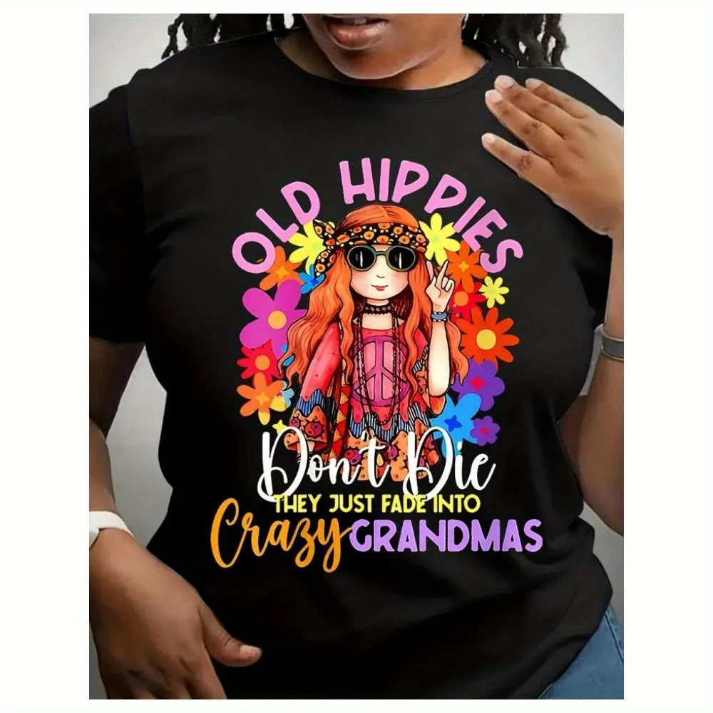 

"Old Hippies Don't Die" Design, Vibrant Floral & Peace Sign Art, Black Rayon Blend T-Shirt for Casual Attire, Hippie Clothes