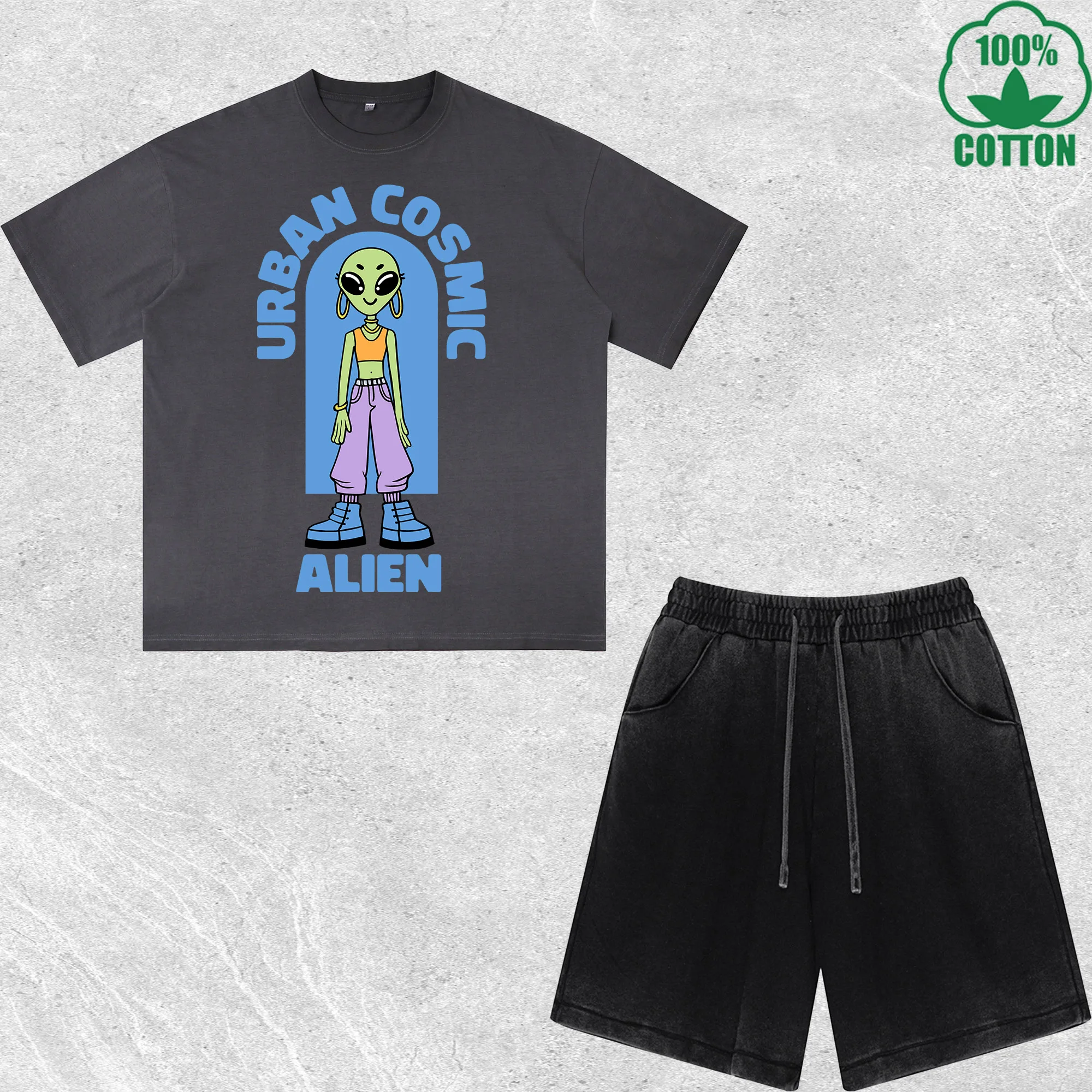 

Urban Cosmic Alien Printed Dirty Wash T-Shirt Shorts Set Multicolor Combo Loose Trendy Fashionable 100%Cotton