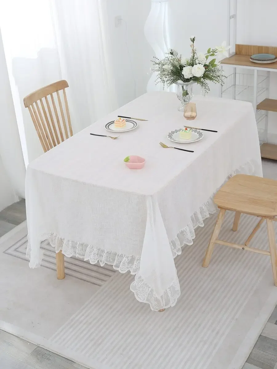 

1pc White Cross Linen Tablecloth, Modern Minimalist Style With Lace Border, Suitable For Living Room, Bedroom, Kitchen, Coffee T