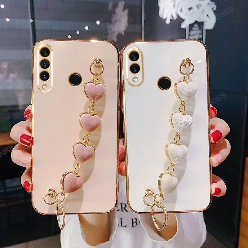 P30lite Love Heart Wrist Chain Silicone Case For Huawei P30 Lite P20 Pro P40 P Smart Plus Z Luxury Plating Cover Y6p Y7 Y6 2019