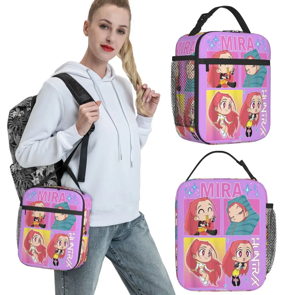 

Mira KPop Demon Hunters Lunch Bag Kawaii Lunch Box Picnic Portable Tote Food Bags For Girls Waterproof Print Cooler Bag