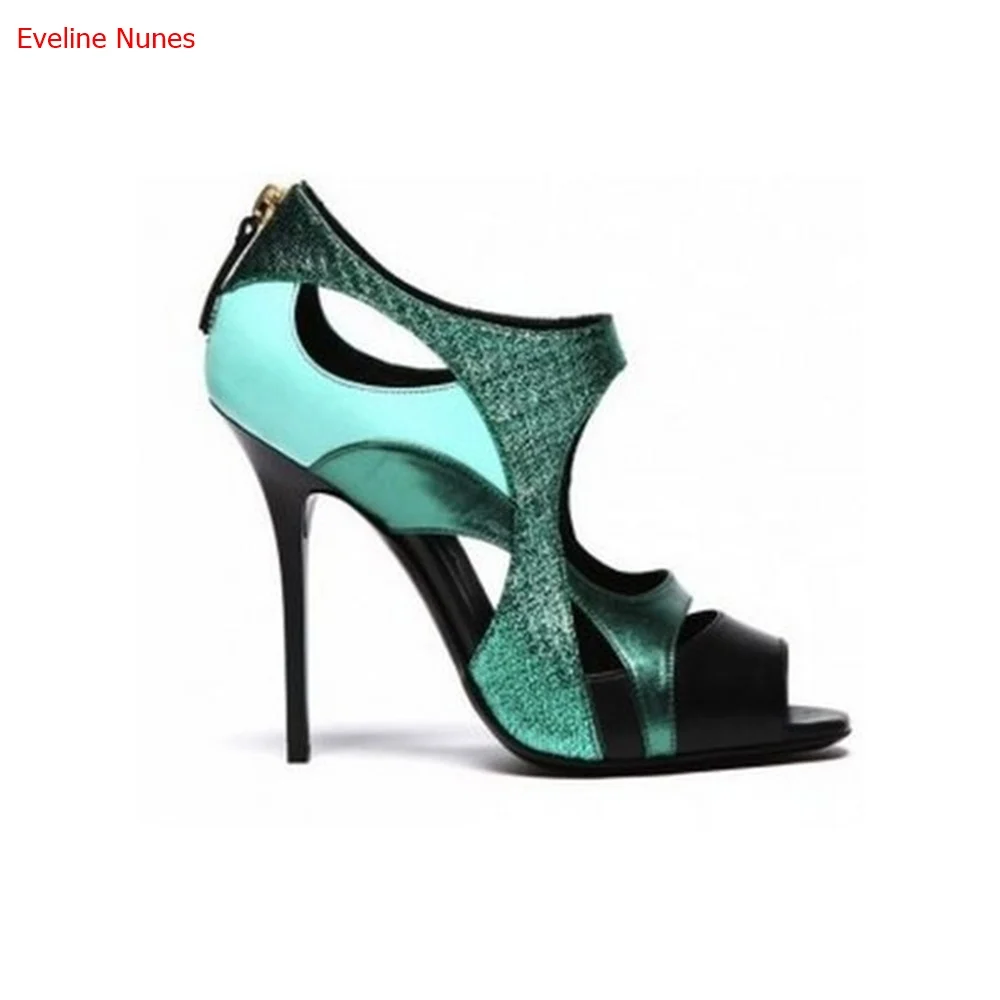 Color Matching Sequined High Heels Summer New Product Zipper Round Toe Fashion All-match Sexy Good Quality Sandals Women