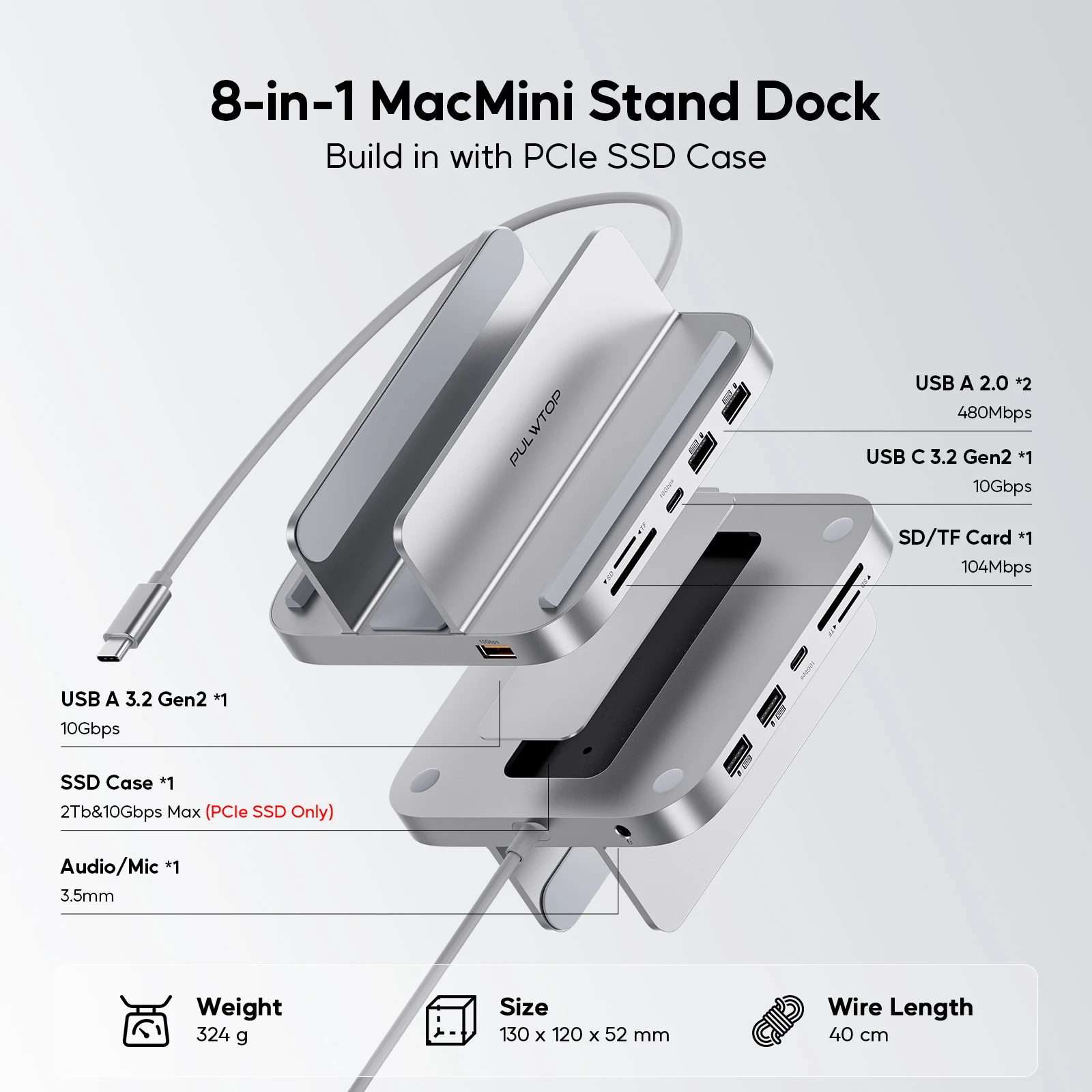 PULWTOP Vertical Mac Mini Dock, USB-C Hub with SSD Enclosure, USB-C 3.2, USB-A 2.0, SD/TF, Audio for M1 M2 (NOT for M4 2024)